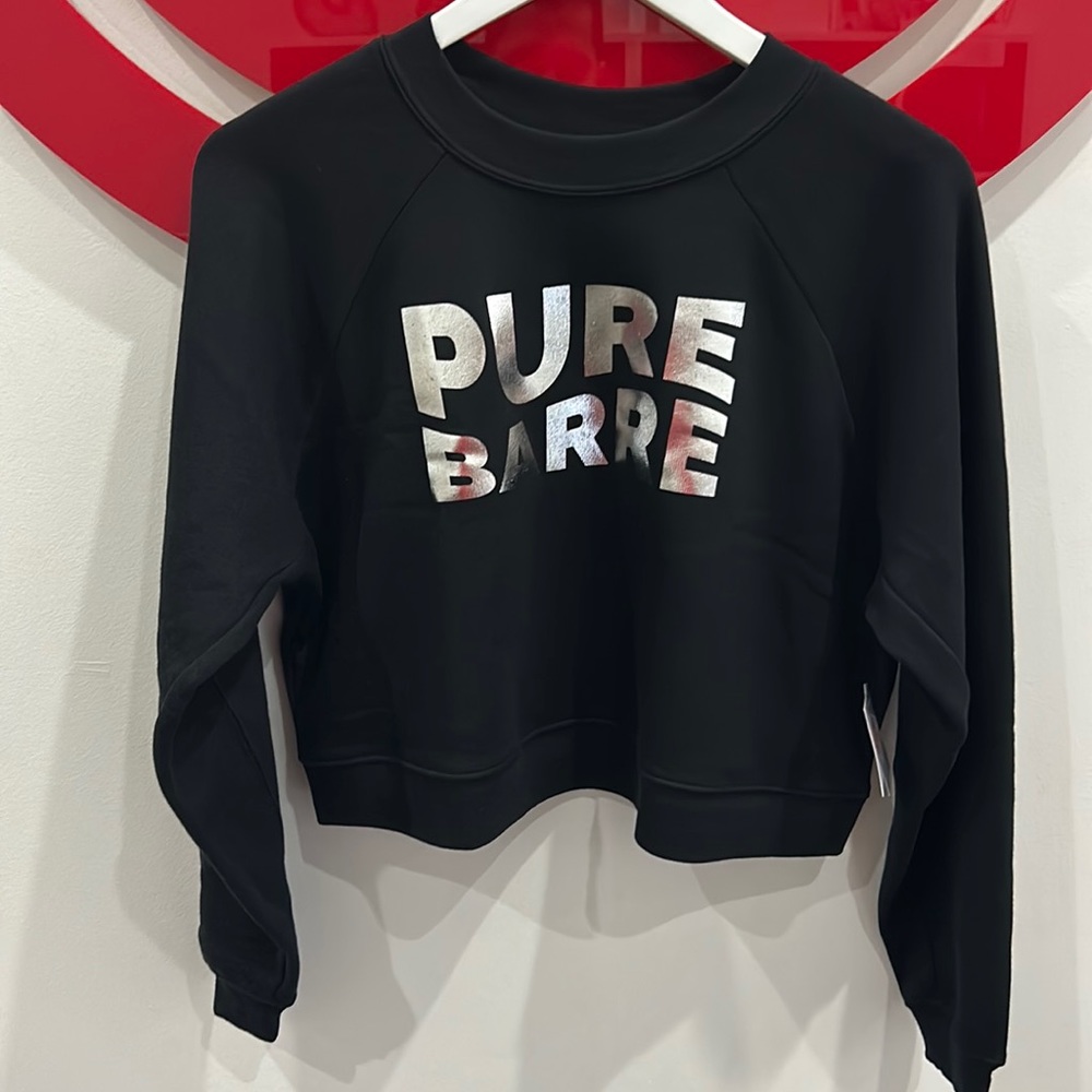 Brand New Pure Barre Raglan Fleece Black/Silver Foil Cropped